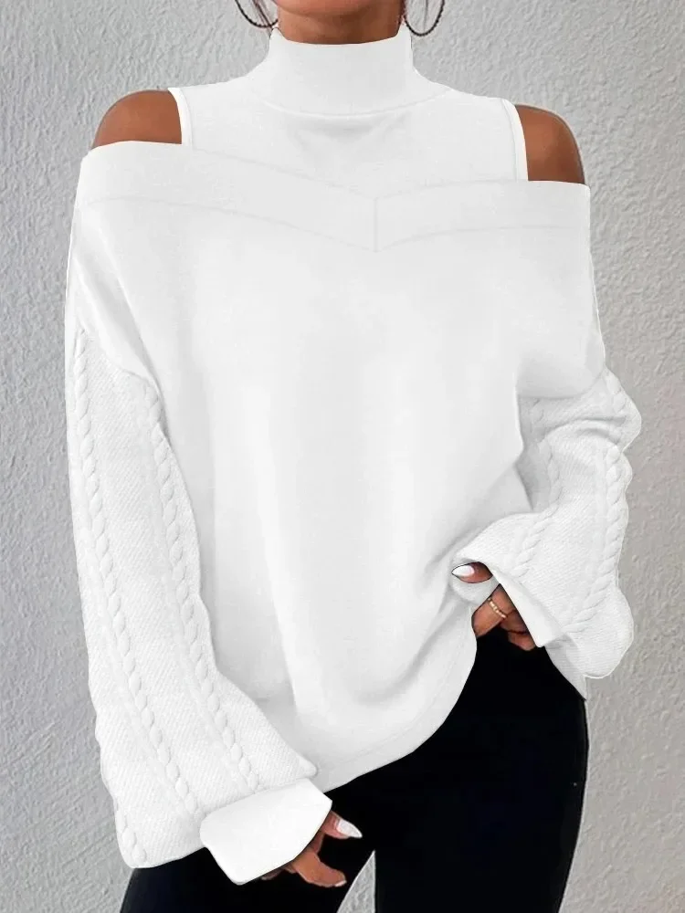 Fall 2023 Women Turtleneck Shirts and Blouses Elegant Cold Shoulder Patchwork Cable Cable Textured Top Fashion Woman Clothing