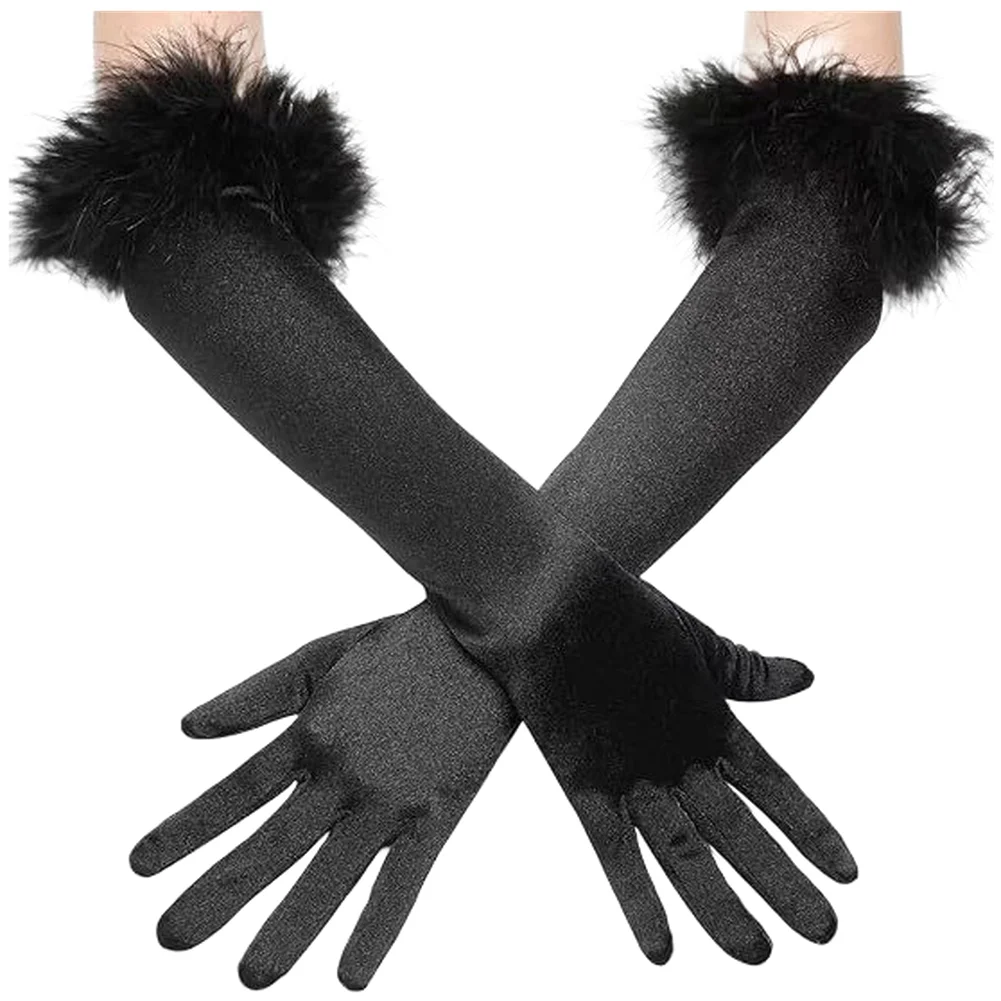 

Vintage Style Long Satin Gloves for Women with Feather Embellishments Split Finger Design Soft Inner Lining for Winter Events