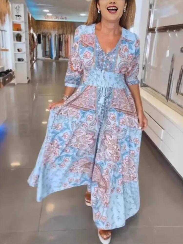 เดรสยาวสไตล์โบฮีเมียน แขนสั้น ลายพิมพ์ดอกไม้ คอวี ทรงหลวม สำหรับผู้หญิง สไตล์วินเทจ หรูหรา แฟชั่นลำลอง เหมาะสำหรับวันหยุดพักผ่อน งานปาร์ตี้ริมชายหาด