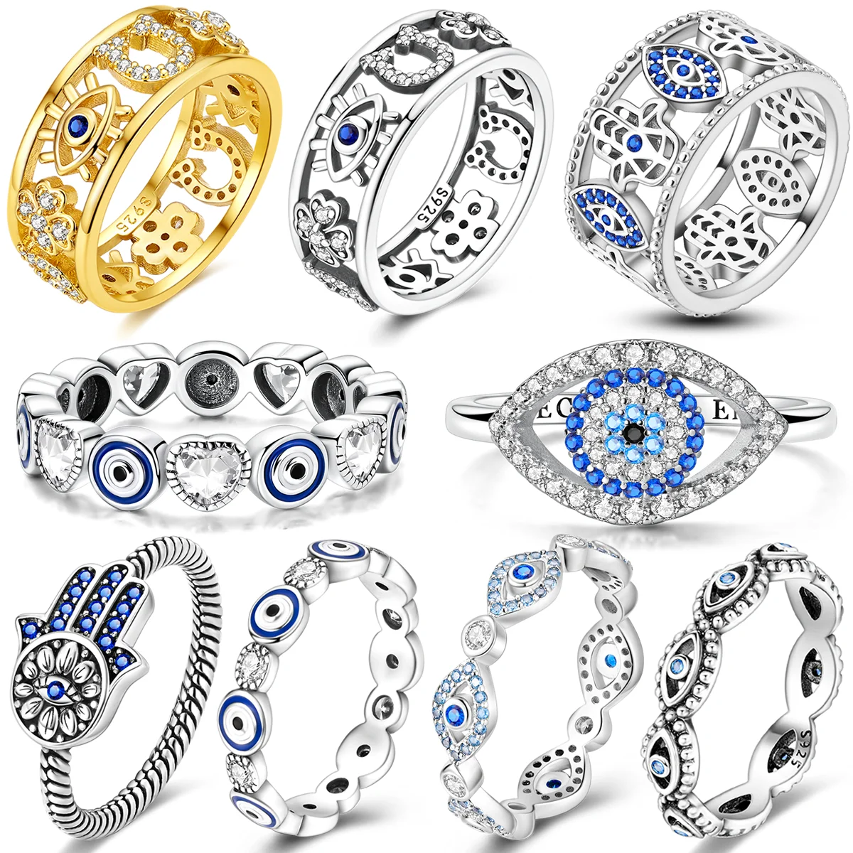 Devil's Eye Rings Women 925 Sterling Silver Sparkling Zircon Blue Eyes Golden Wedding Ring Engagement Jewelry Anniversary Gift