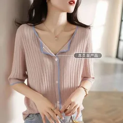 Women Clothing Fashion All-match Vertical Grain Patchwork Cardigan Summer Casual Loose V-neck Short Sleeve Top Chic Solid Tshirt