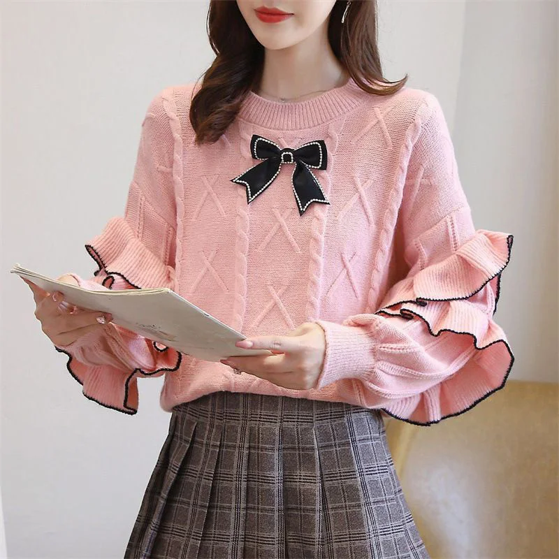 Fashion O-Neck Spliced Beading Bow Ruffles Sweaters Female Clothing 2023 Autumn New Casual Pullovers Loose Knitted Warm Tops