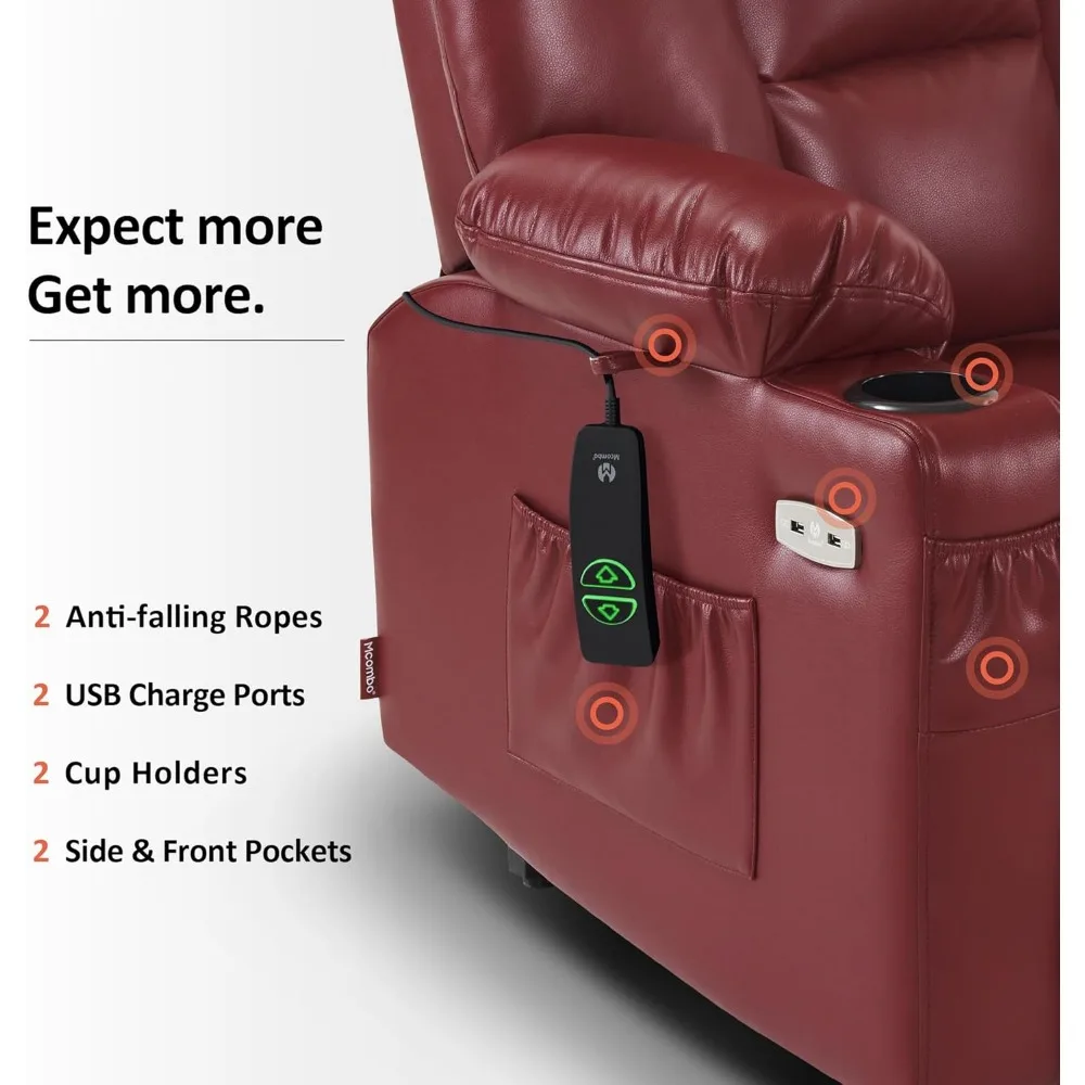 Large Power Lift Recliner Chair Sofa with Massage and Heat for Big and Tall Elderly People, 3 Positions, Cup Holders,(Large,Red)