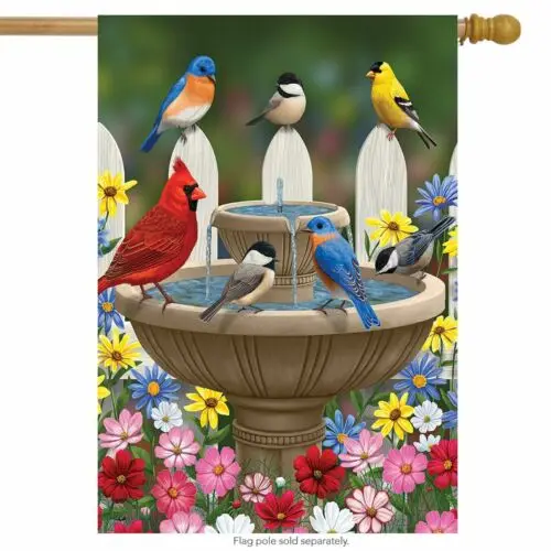 Birdbath Gathering Spring House Flag Floral Birds 28