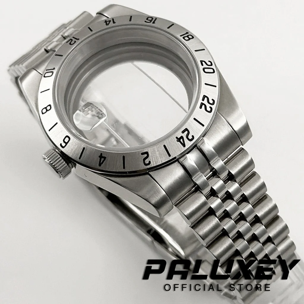 New 39mm EXP NH34 NH35 NH36 NH38 NH70 Sapphire Glass Watch Case 24 Hours GMT Fixed Bezel Solid Glide Lock Clasp ETA2824 Case
