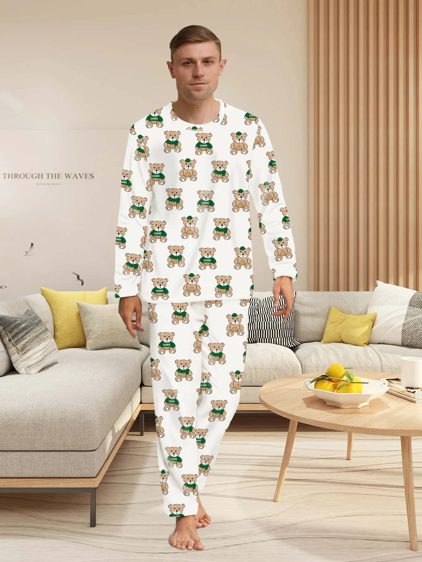 Men\'s casual pajamas home clothing cartoon teddy bear full print lazy style long sleeved pants two-piece set for men\'s clothing