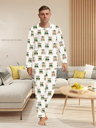 Men's casual pajamas home clothing cartoon teddy bear full print lazy style long sleeved pants two-piece set for men's clothing