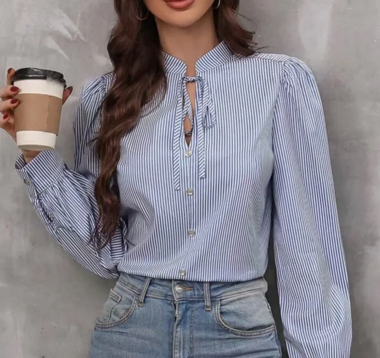 

Striped long sleeved versatile shirt loose top