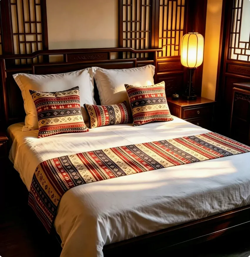 Ethnic Style Chenille Jacquard Bed Runner Set, Retro Geometric Striped Bed Scarf, Bed End Cover for Hotel Homestay Inn Decor