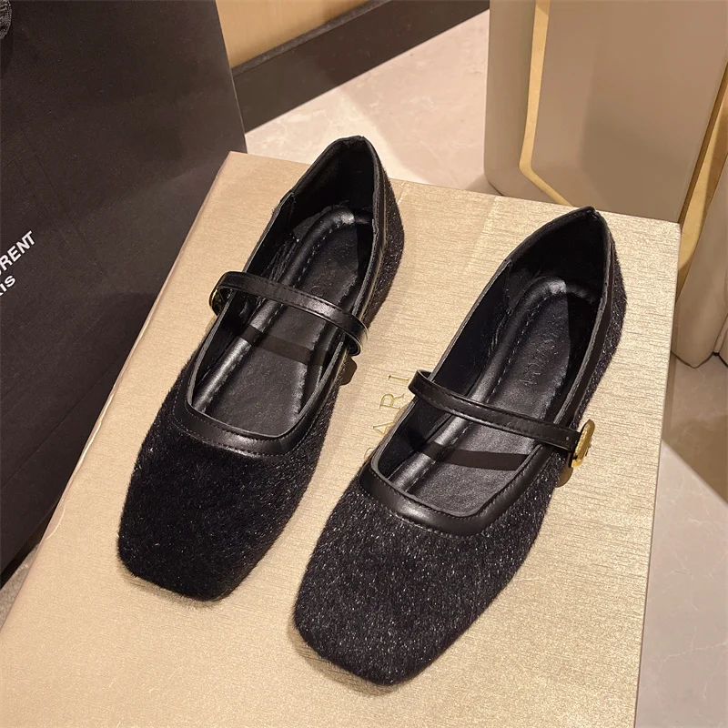 Women's Square Head Flats With Velvet Matte Finish Single Casual Shoes Women Comfort Loafers Shoes Leather Mary Jane Shoes