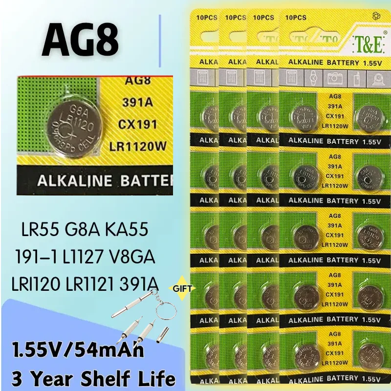 

2-50pcs AG8 LR55 G8A KA55 L1121 V8GA LR1120 LR1121 191 391A Watch Battery 1.55v 54mAh 1.55V Button Coin Cell Batteries For Toy