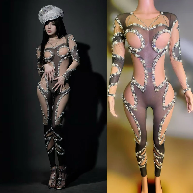 Bar boate ds dj festa gogo traje falso oco malha pérolas macacão feminino pólo dança roupas cantor rave outfit xs9669