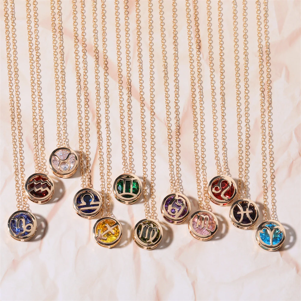 

Versatile and fashionable double-sided hollowed out twelve zodiac necklace birthday zircon pendant collarbone chain Necklaces fo