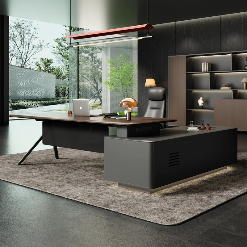 Modern Light Luxury Healthy Office Executive Desk Chair Set Simple Fashion Boss Wooden MDF+Metal File Drawer Side Cabinet