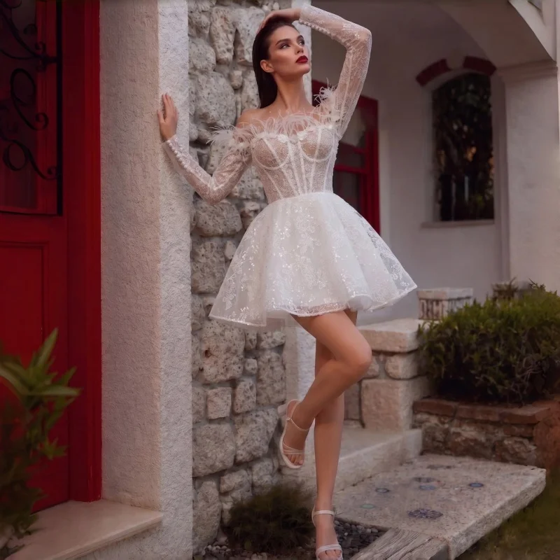 Dreamy Bridal Mini Dress Off The Shoulder Neck With Feathers Lace Corset Bodice High Waist A-Line With Lace Up Back Customizable