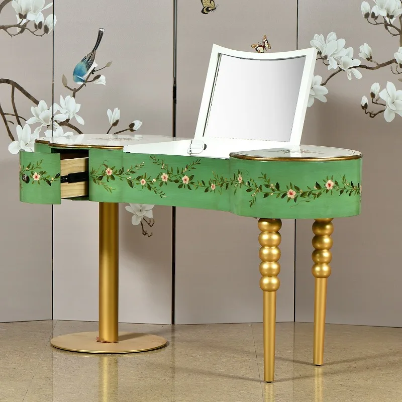 American retro flip dresser small apartment solid wood storage makeup table pastoral hand-painted dresser