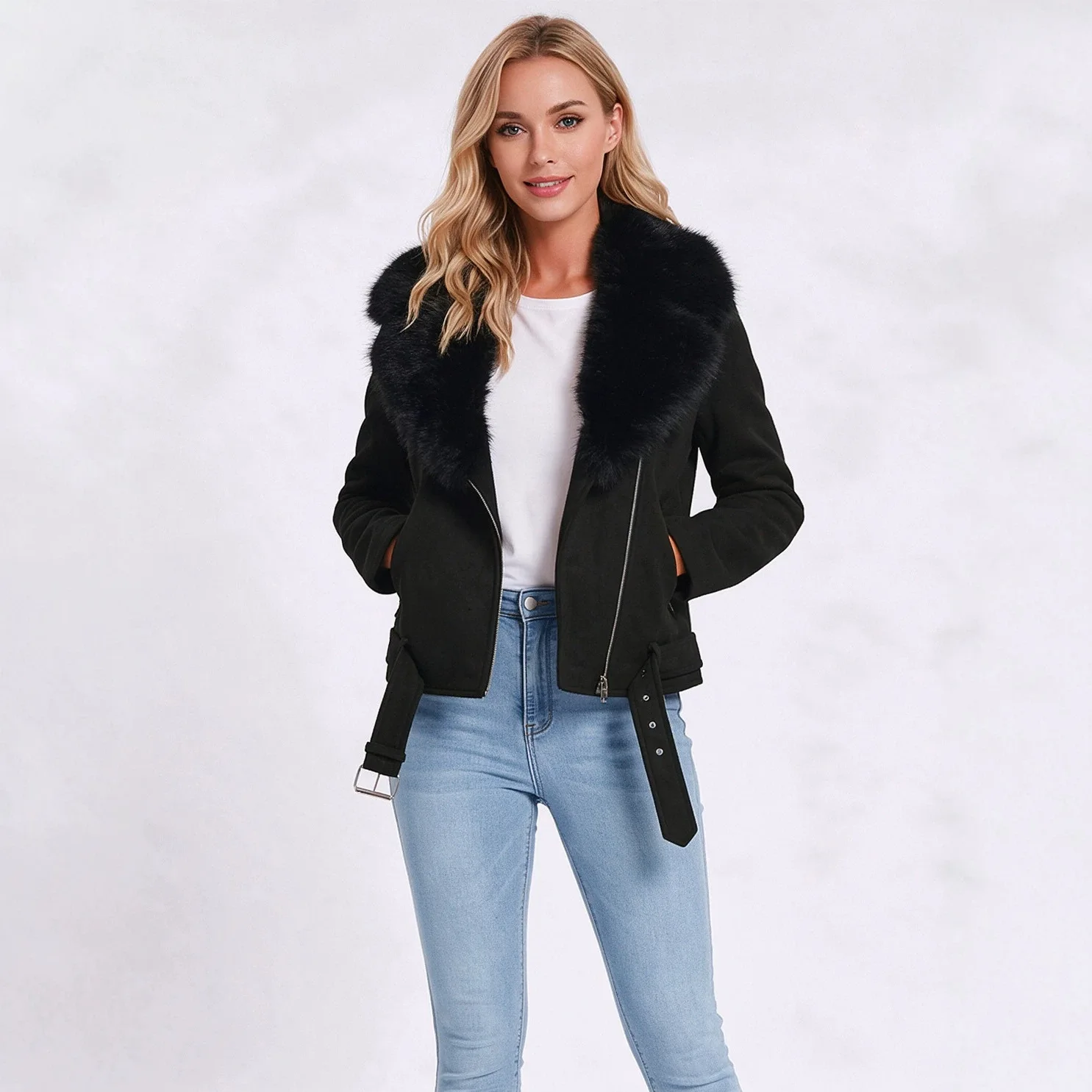 Autumn and winter new women's clothing loose casual warm removable fur collar jacket versatile long-sleeved top