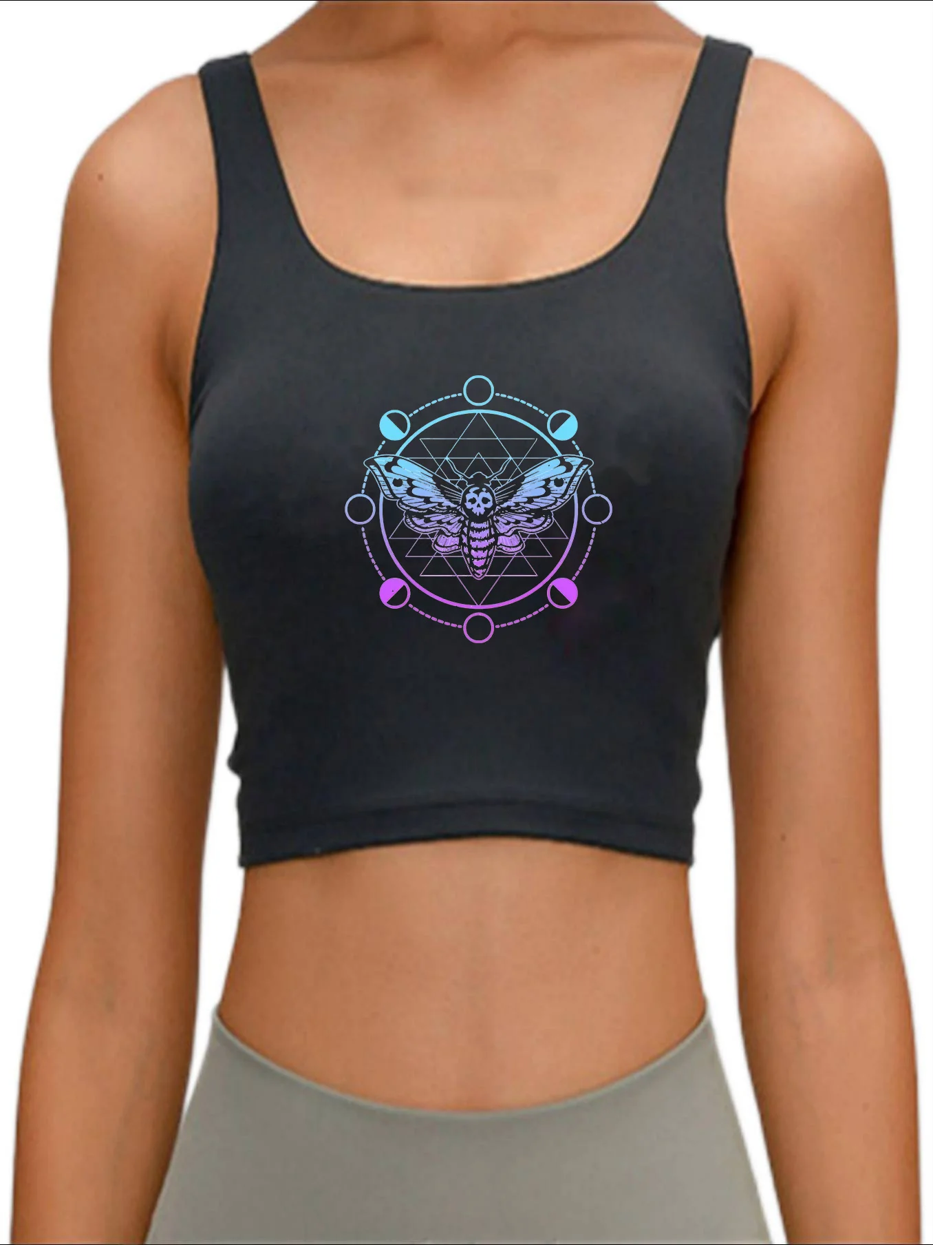 Occult Fashion Moth Moon Phases Aesthetic Goth Crop Top Women's Bisexual Slim Fit Sports yoga tank top