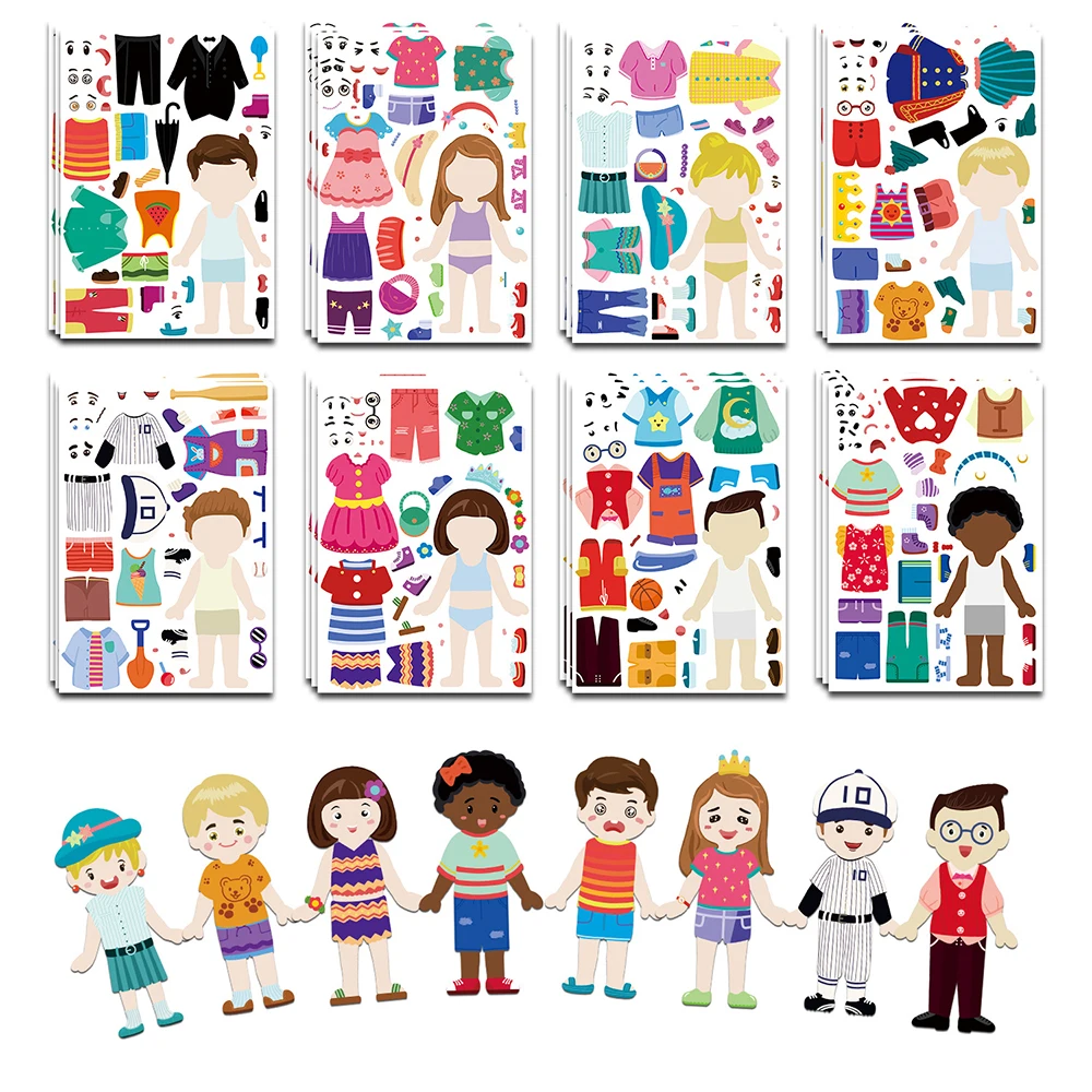 8/16sheets Cartoon Children's Cross Dressing Puzzle Stickers Creative Assemble Jigsaw DIY Decals Kids Theme Party Decoration Toy