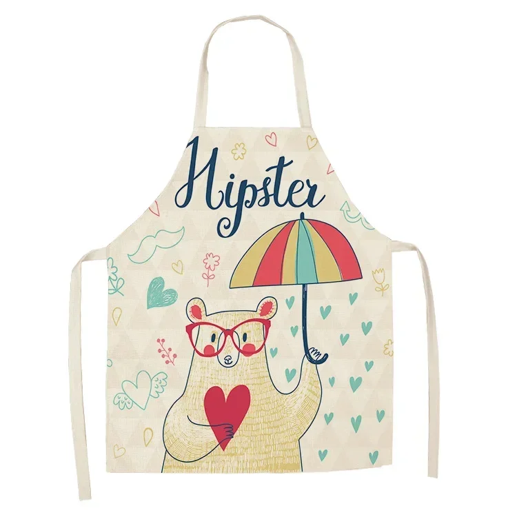 1 Pcs Kitchen Aprons Unisex Linen Animal Seris Bear Crocodile Print Dinner Cooking Bib Funny Pinafore Cleaning Apron 38x47cm