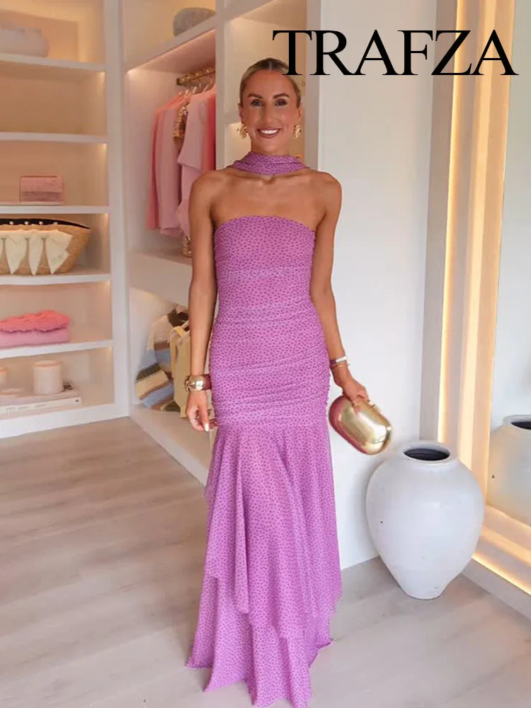 

TRAFZA Women Summer Elegant Polka Dot Print Wrinkles Decorate Beach Midi Dress Female Chic Sexy Backless Sleeveless Party Dress