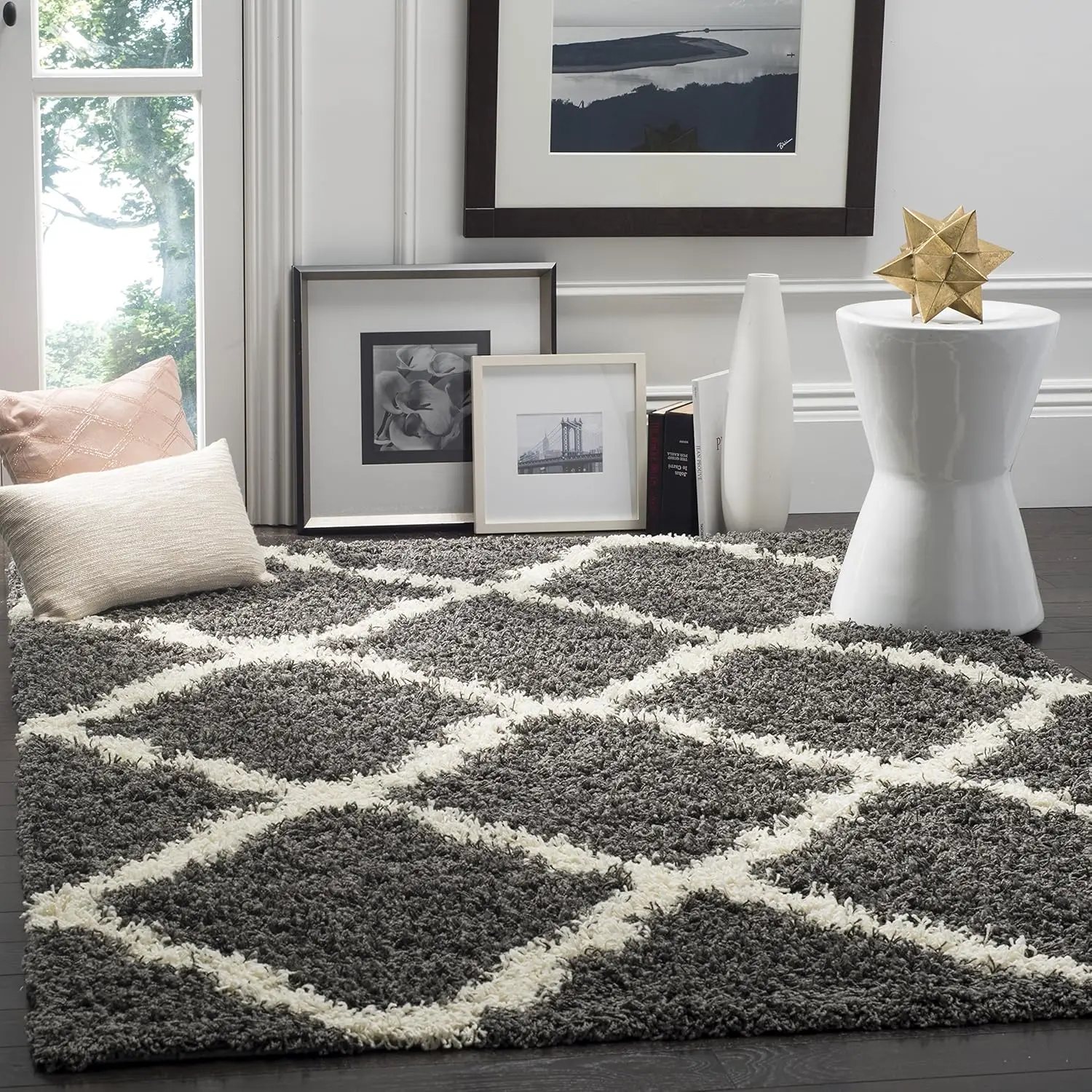 

Shag Collection Area Rug - 6' Square, Dark Grey & Ivory, Trellis Design, Non-Shedding & Easy Care, 1.5-Inch Thi I For High