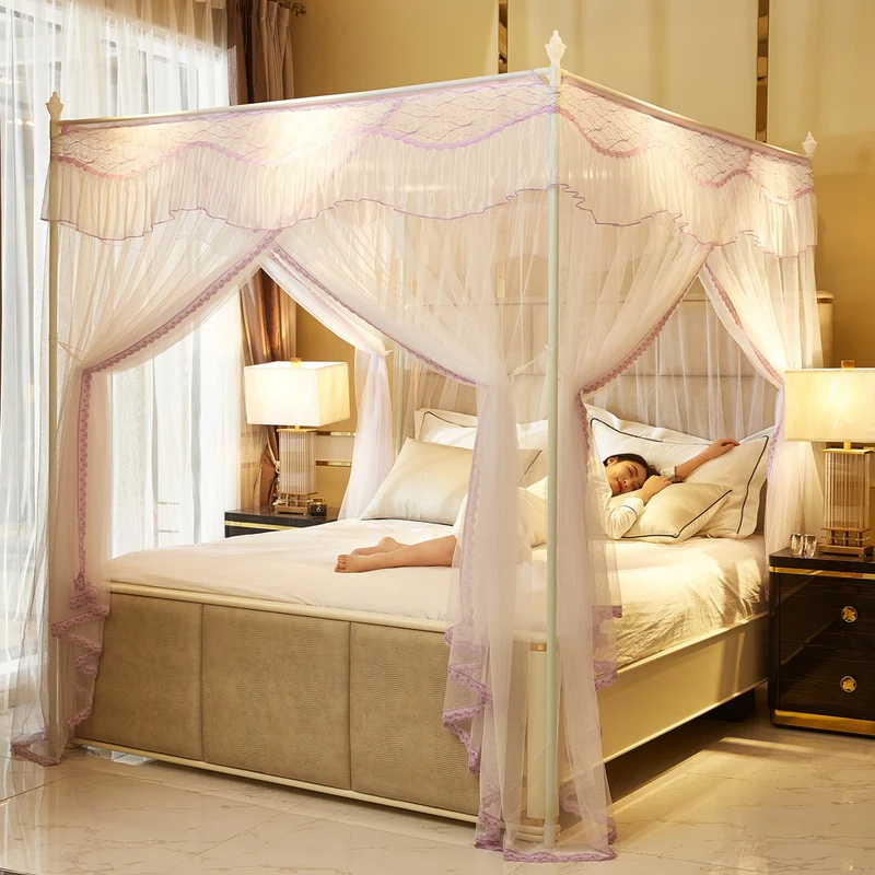 

Court Style Mosquito Net Extra Thick Four Column Three Door Home Floor Standing Bed Curtain Bedroom Mosquito Net