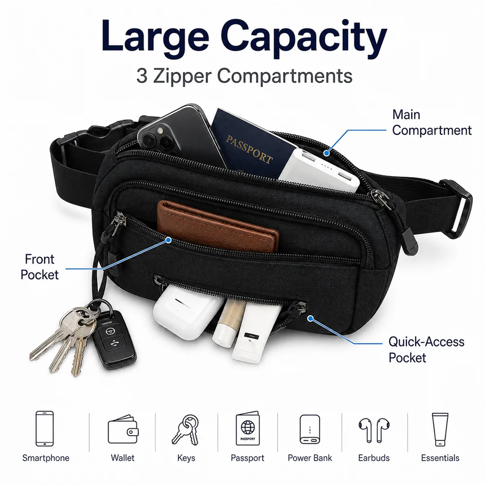 Wasserdichte Sporttasche für Herren mit großem Fassungsvermögen – Möglichkeit als Hüfttasche, Brusttasche, Umhängetasche, ideal zum Laufen, Camping, täglichen Tragen – Detail 5