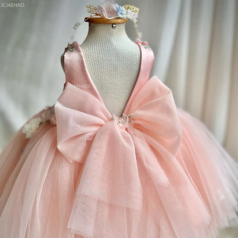 Children Birthday Party Banquet Dress Kids Vestido Pink Tulle Beaded Flower Bodice Sleeveless Princess Gown Elegant Costume