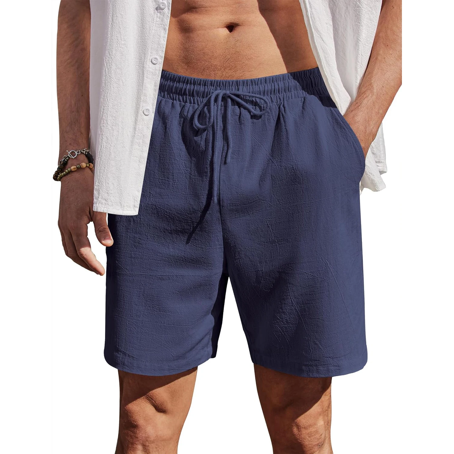 

Summer Men's Cotton Shorts Elastic Lightweight Casual Trousers with Pockets Breathable Fitness Beach Sweatwear Gym Shorts Men