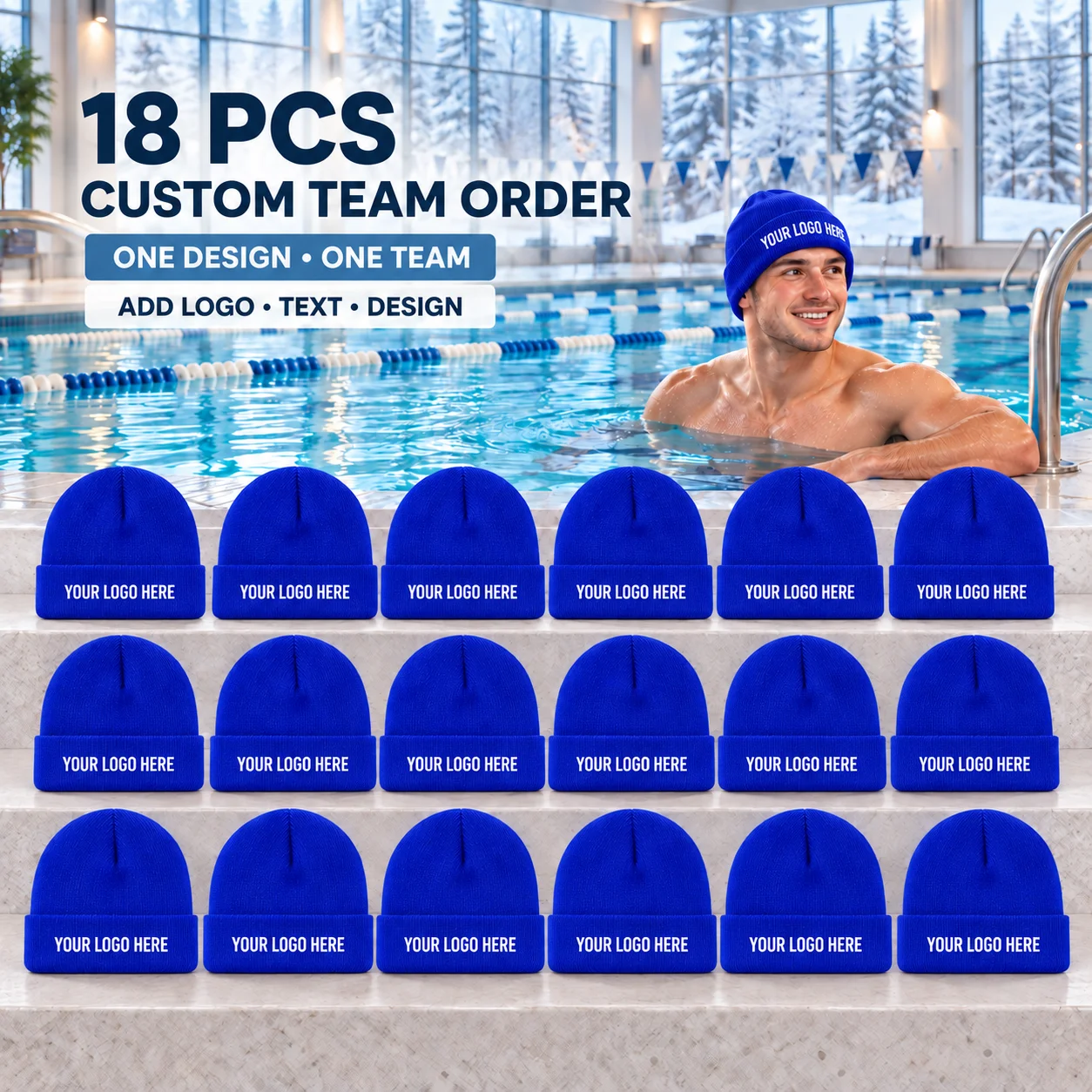 18 custom knit hats, can print personal or team logos, perfect for teams, companies, events, and group gifts