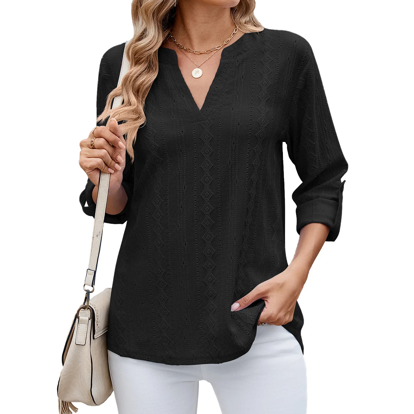 Women Solid V Neck Casual Shirt Long Sleeve Jacquard Loose Shirts Top Spring Simplicity Fashion Women Clothing Blusas Para Mujer