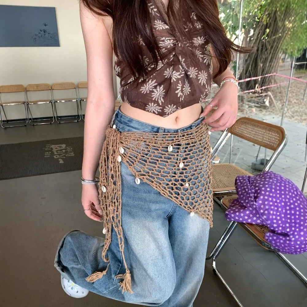 

Retro Fishnet Butt Curtain for Women Headscarf National Style Hip Curtain Waistband Hand-knitting with Tassel Mini Skirt