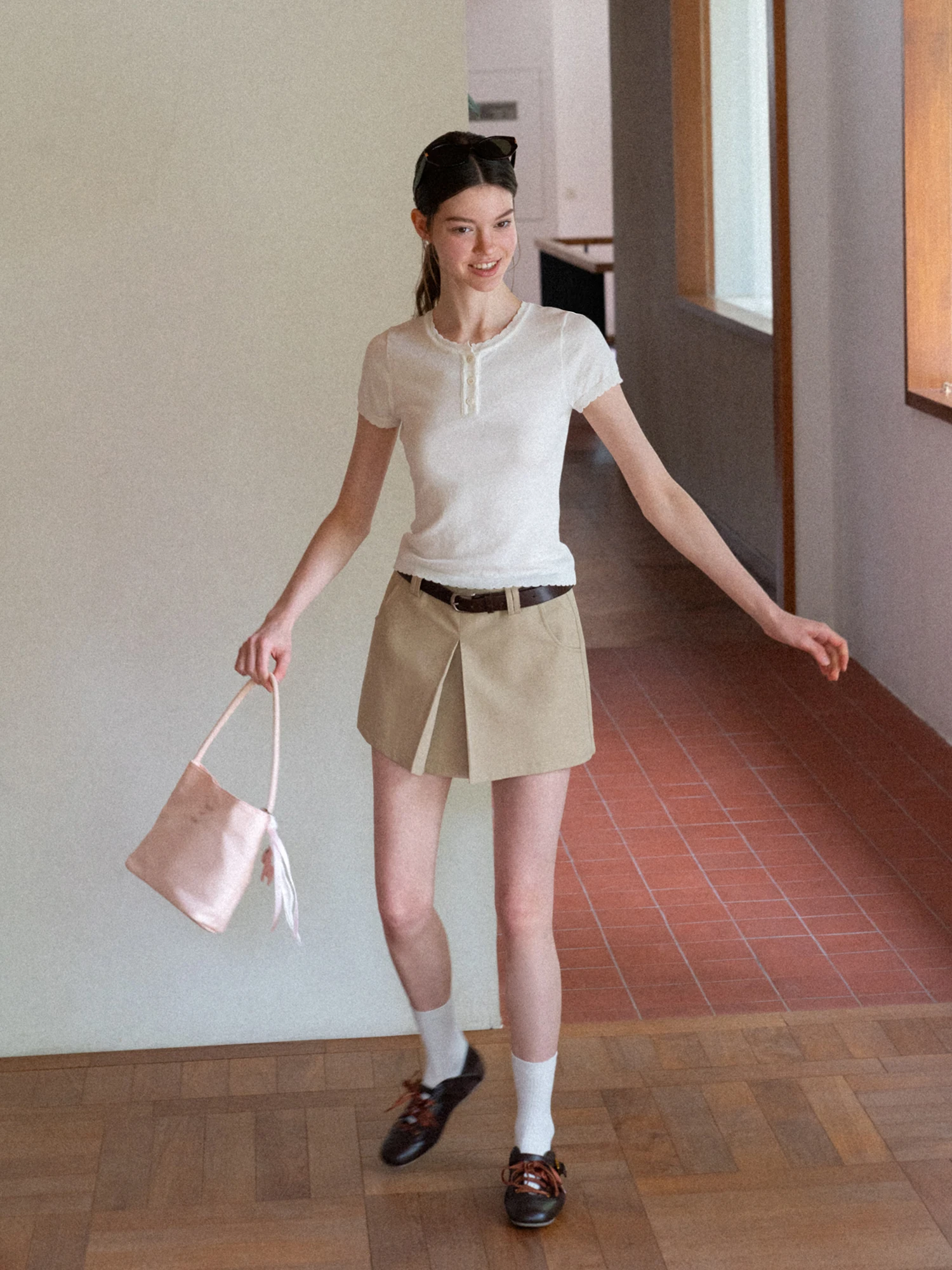 High Waist Short A-Line Skirt Eggka Design Sensation Korean Style Khaki Color Elegant  Skirt for Women Summer Season