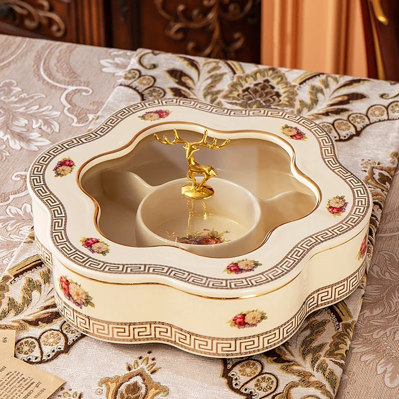 Ceramic Dried Fruit Plate with Lid, European-style Rotating, Luxury, High-grade, Divided Nut, Candy Plate with Lid, Living Room