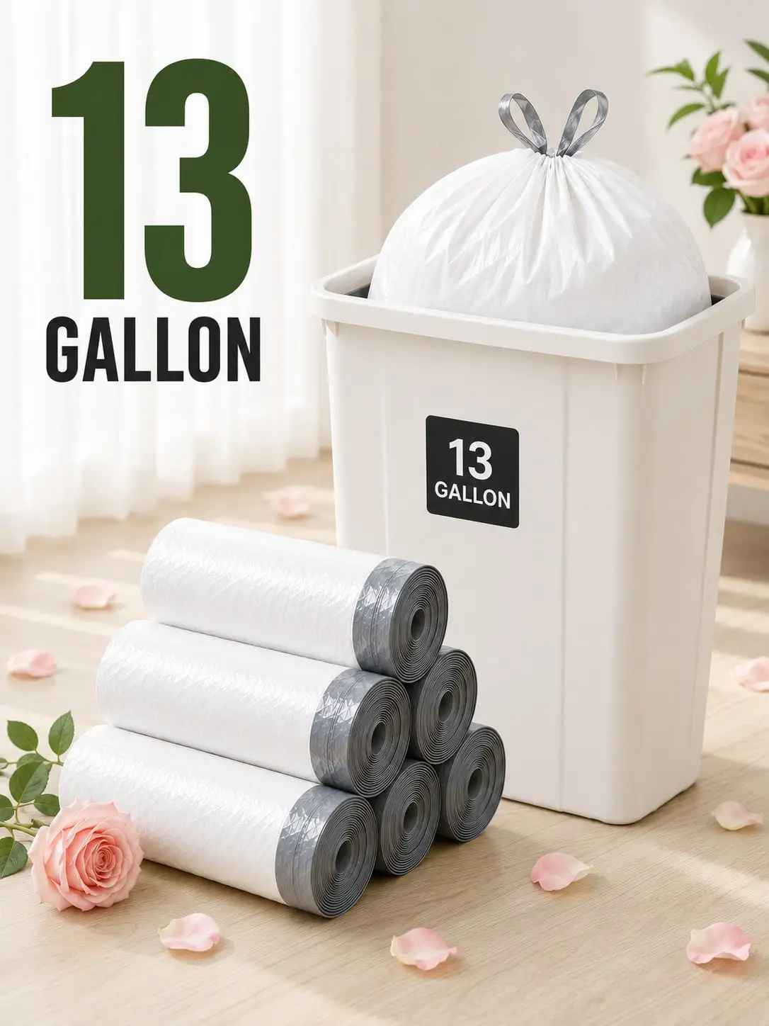 50Pcs 13-Gallon Light Floral-Scented White Drawstring Trash Bags, 2 Rolls X 50 Bags, 33.5 X 23.6in Garbage Can Liners With Gray Drawstring, No-Tear-Off Easy-Pull Design For Kitchen, Home,Office,College Dorm,Dorm Room Essentials,Back To School