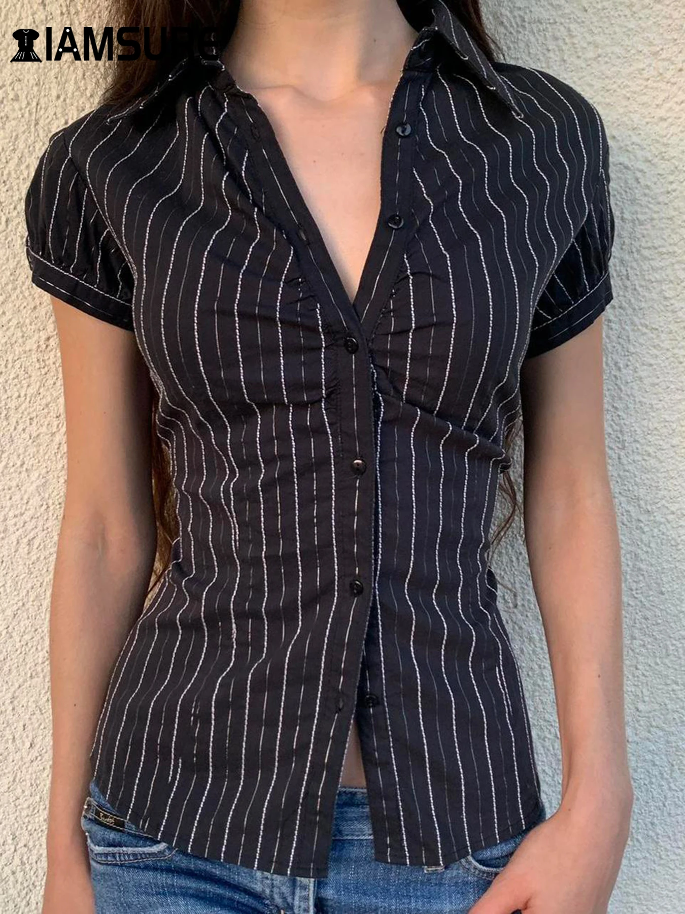 IAMSURE Office Ladies Basic Striped Blouse Elegant Fashion Casual Short Puff Sleeve Shirts Women 2024 Summer Fashion Streetwear