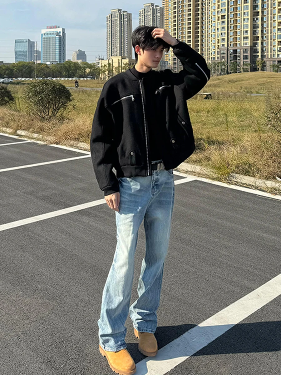 

High Waist Light Blue Men's Jeans Straight Leg Trousers for Autumn Winter with Yellow Boots High Street Slimming Effect