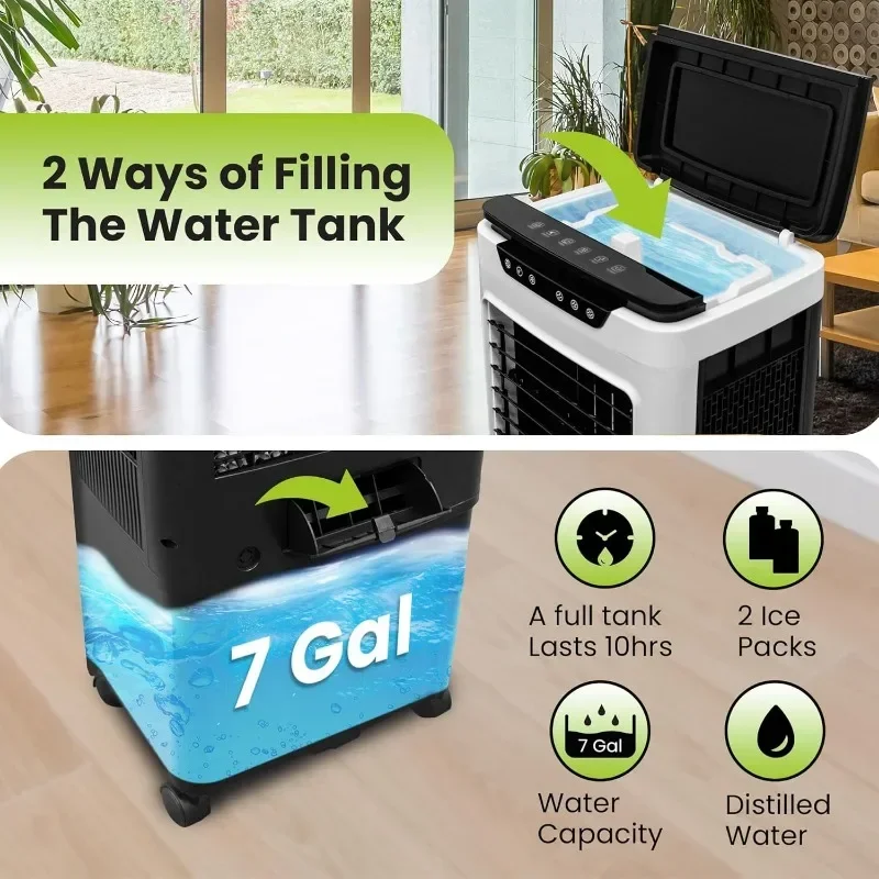 Powerful Swamp Cooler Water Tank, Portable Indoor Evaporative Air Cooler, Remote Included, Swing Mode