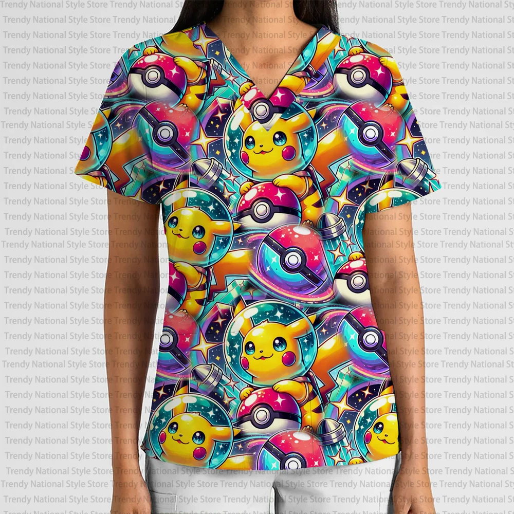 Summer Pokémon Print Pet Shop Clothing Fashionable Commuter Surgical Gown Top Women's Medical Surgical Gown V-neck T-shirt view 2