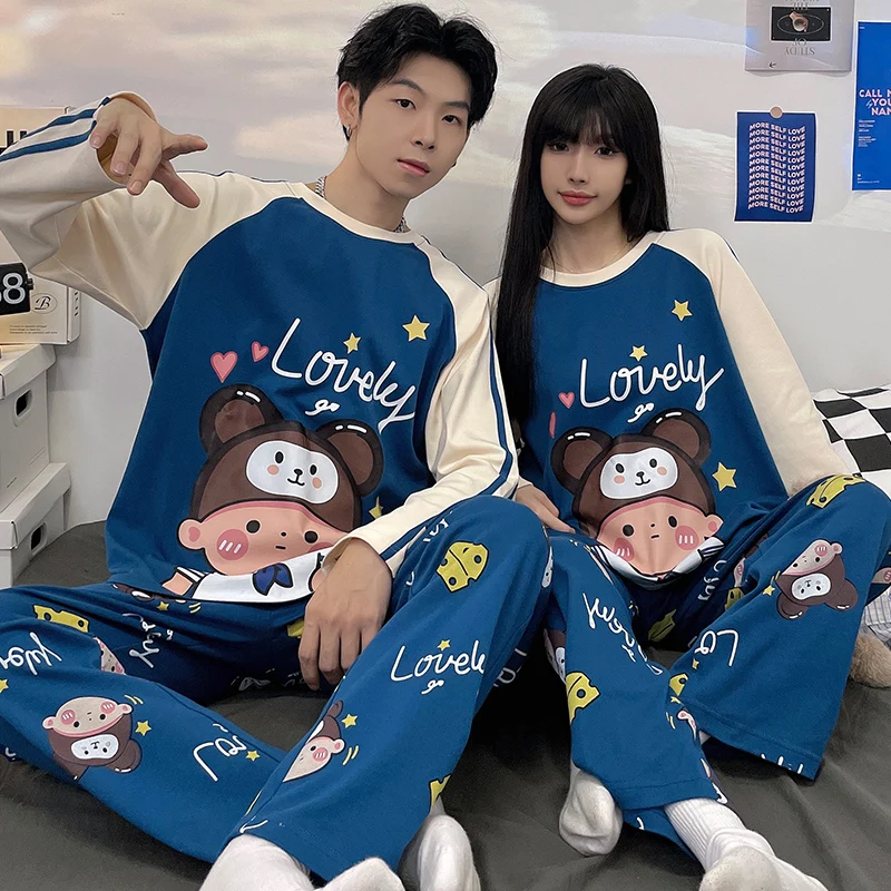 

2023 Autumn Spring Sleepwear For Couples Cotton Men's Pajamas Set Women's Cartoon Cute Nightwear Korean Fashion Loungewear Lover