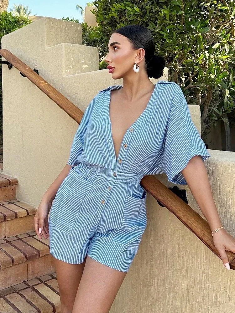 Foridol Turn-down Collar Summer Linen Romper Women Stripes Pocket Casual Wide Leg Batwing Sleeve Blue Playsuit Button Jumpsuit