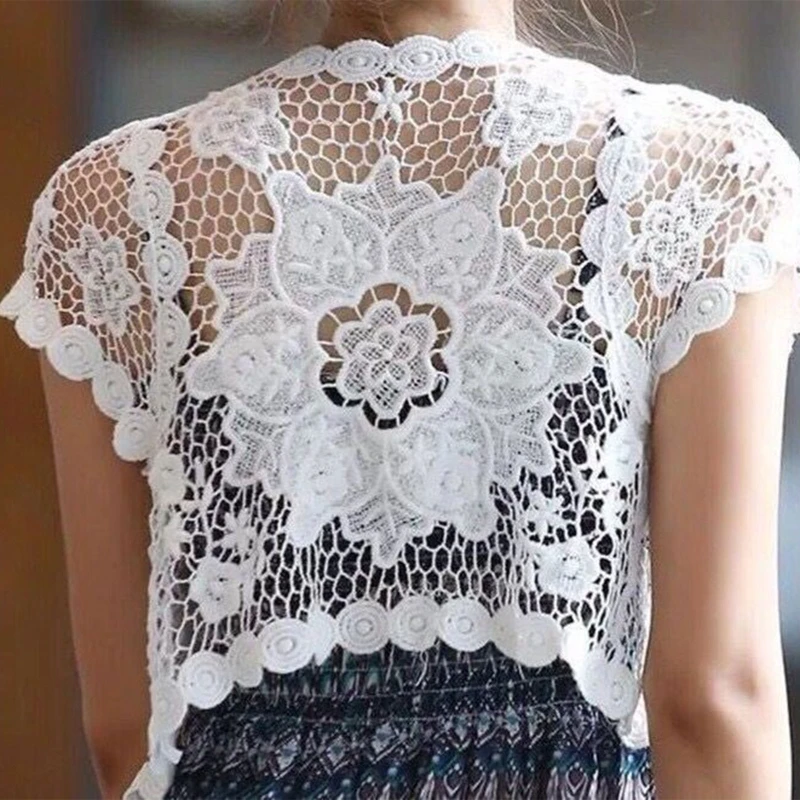 Women Short Sleeve Crochet Shrugs Hollow Out Flower Lace Open Front Cropped Cardigan Sunscreen Scalloped Bolero Jacket