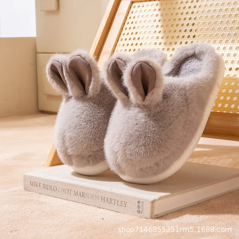 Cotton Slippers Girl Autumn Winter New Plush Rabbit Cute Home Keep Warm Anti-Slip Plus Velvet Thicken Indoor Cotton Mop