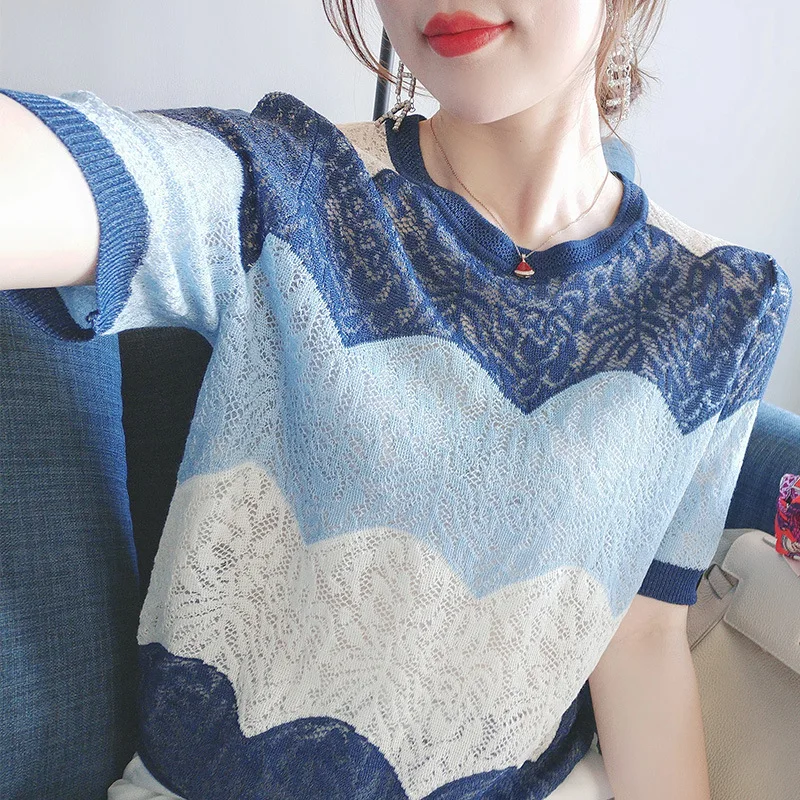 

Женская одежда, синяя модная ажурная футболка, летние универсальные повседневные вязаные футболки с короткими рукавами, женский пуловер с круглым вырезом, шикарные топы