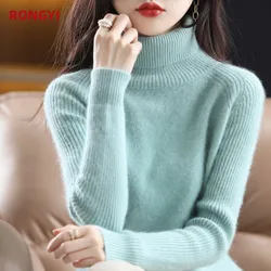 RONGYI 100% Mink Cashmere Autumn And Winter New Women's Sweater High Neck Knitted Pullover Korean Fashion Soft Keep WarmTop