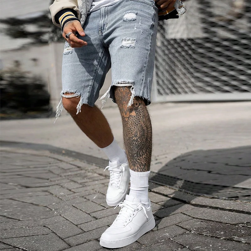 Men\'s Summer Casual Personality Irregular Foot Denim Shorts Wool Ripped Vintage Street Fifth Jeans