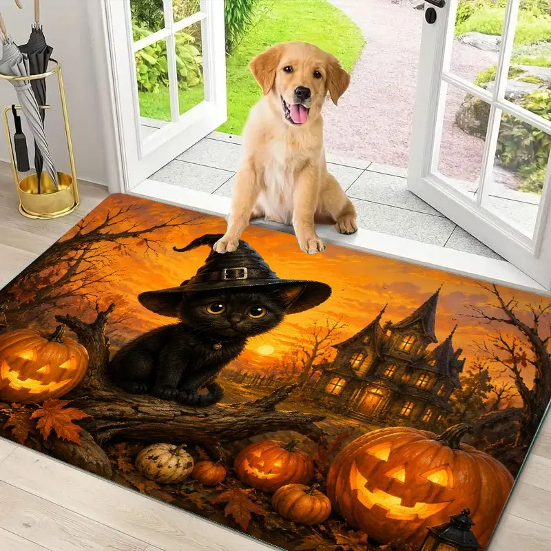 Halloween Pumpkin Haunted House Dog Mat for Fall Autumn Entryway Decor Polyester Throw Rug for Cute Dog Lover Spooky Home Decora