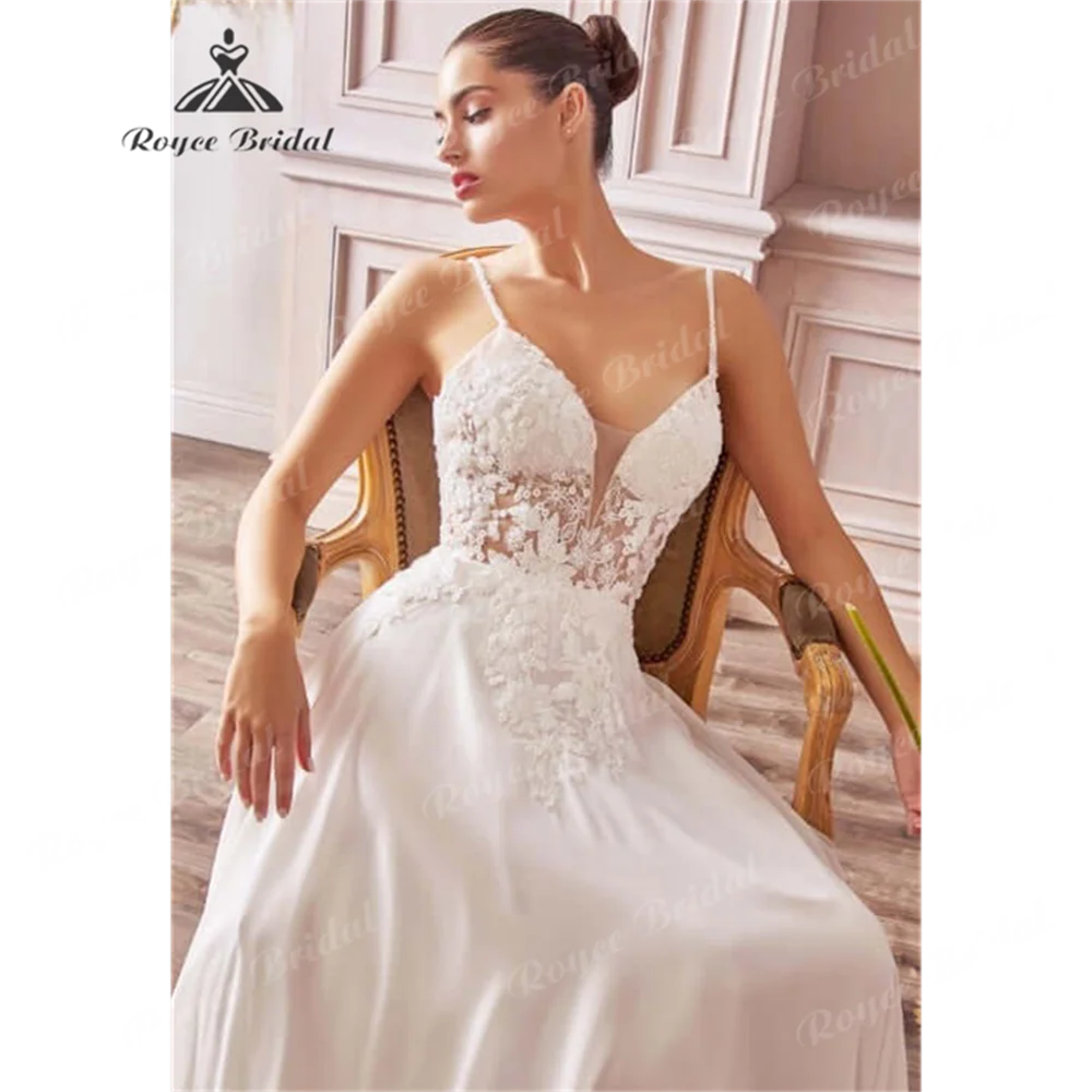 

RoyceBridal свадебное платье трапециевидной формы с v-образным вырезом, 2025, тюль со шлейфом, богемное блестящее кружевное свадебное платье с аппликацией, свадебное платье по индивидуальному заказу