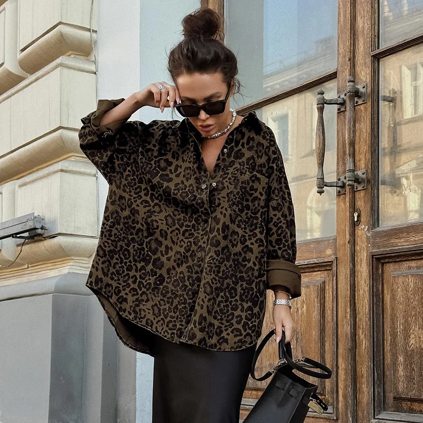 

Versatile Lapel Long Sve Casual Jaet for Women Sli Ele Faionable Leopard Print Other Material 00% Autumn Wear